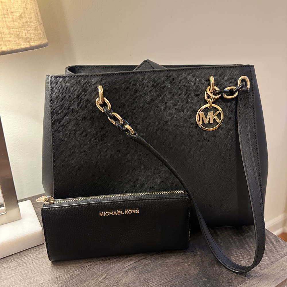 Michael Kors Black Shoulder Bag with Gold Accents